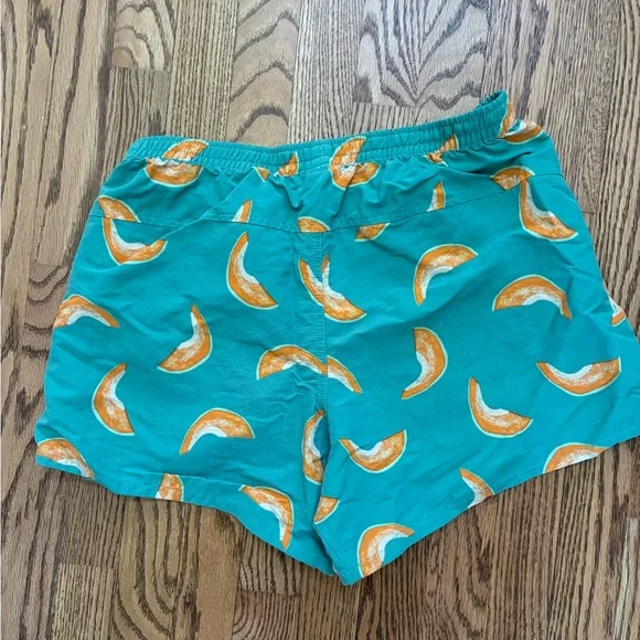 Patagonia Women’s Baggies 5 inch inseam Teal Shorts with Cantaloupe Slice Print - Picture 5 of 5